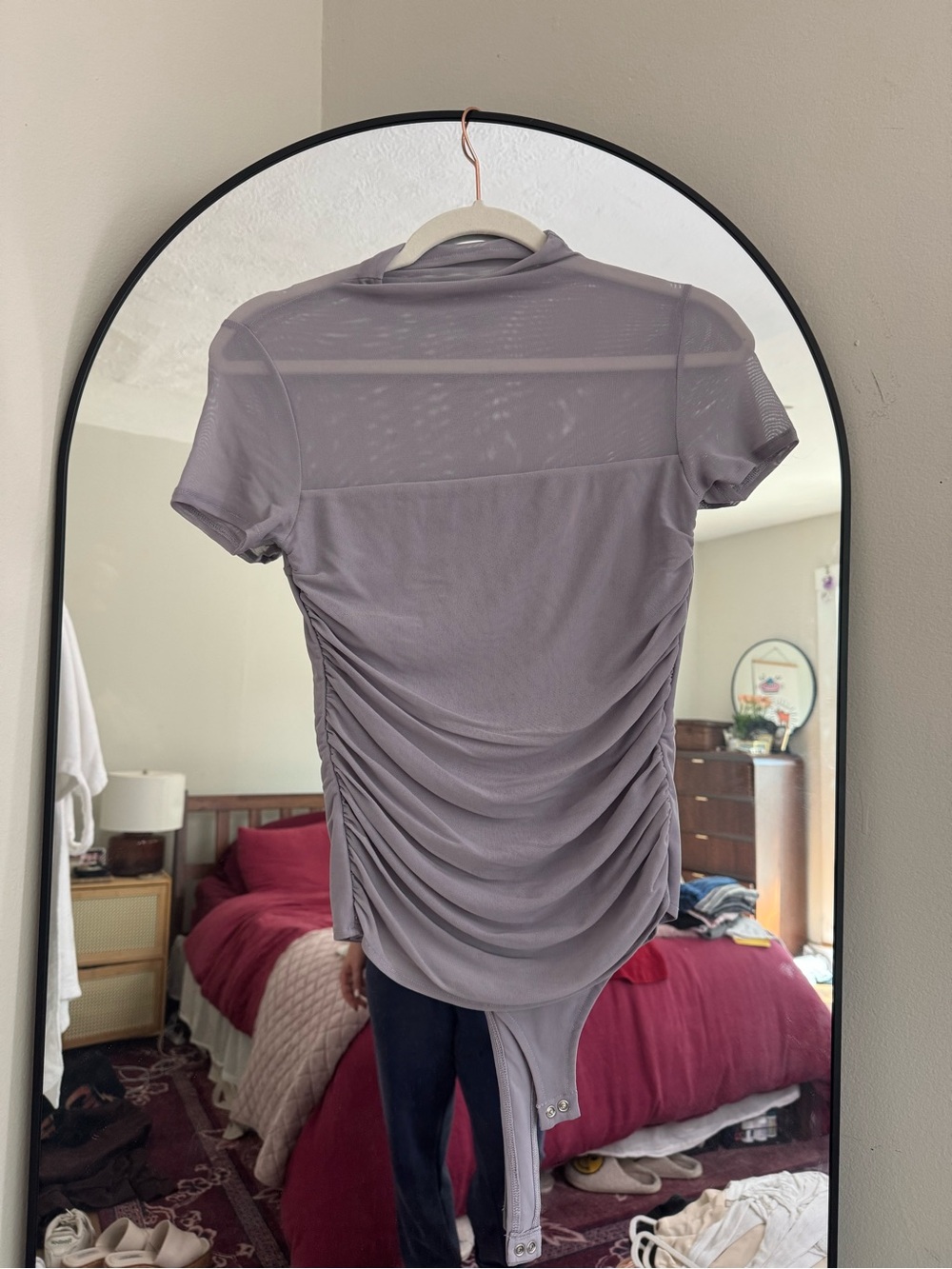 Womens Lavender Ruched Short-Sleeve Bodysuit